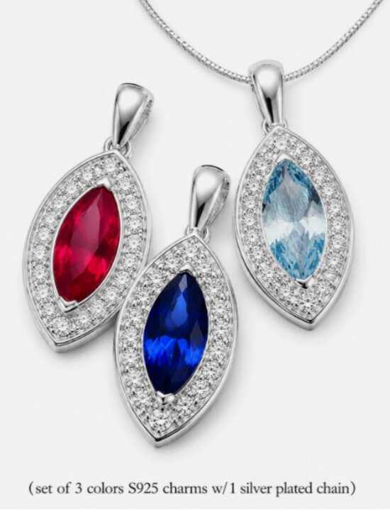 Necklace Jewelry - Set of 3 S925 Sterling Silver Cat Eye CZ Pendants Red Blue Aqua Necklace + Chain